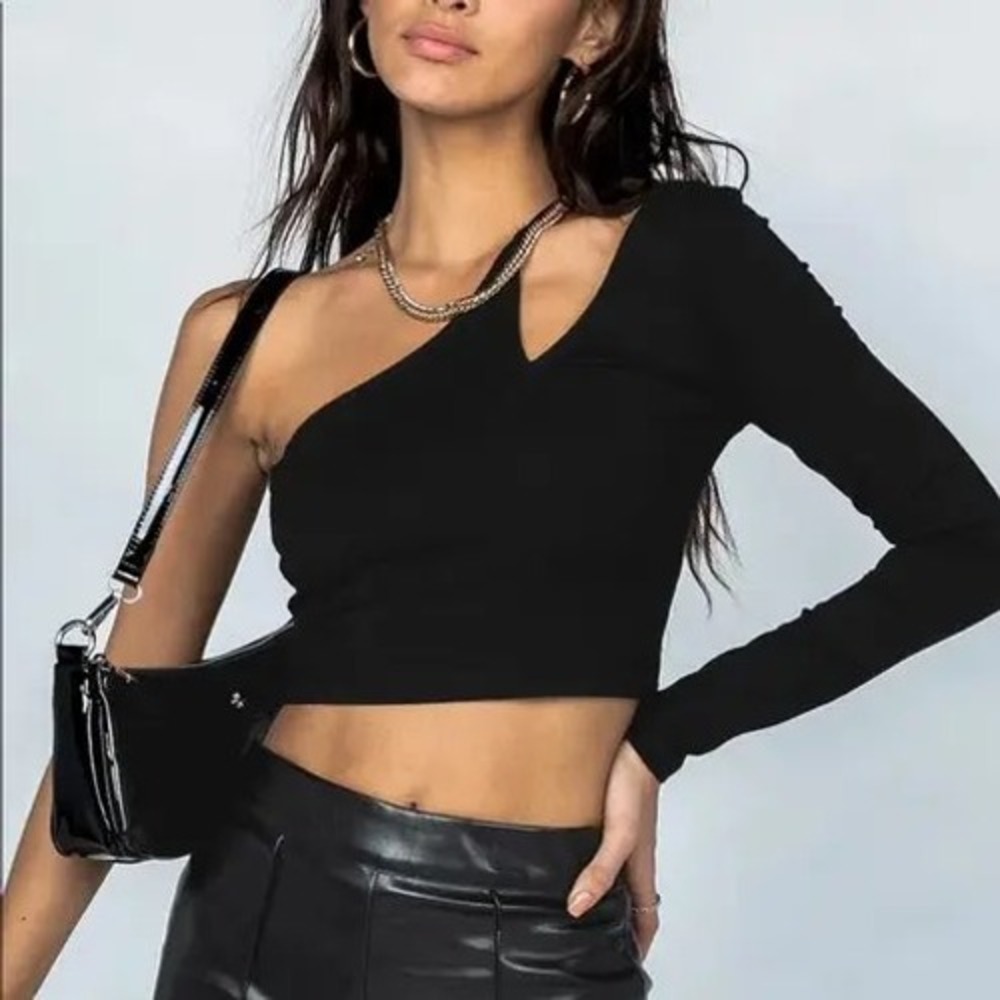 Princess Polly Black One Shoulder Long Sleeve Stretch Crop Top Size 6‎ Clubwear